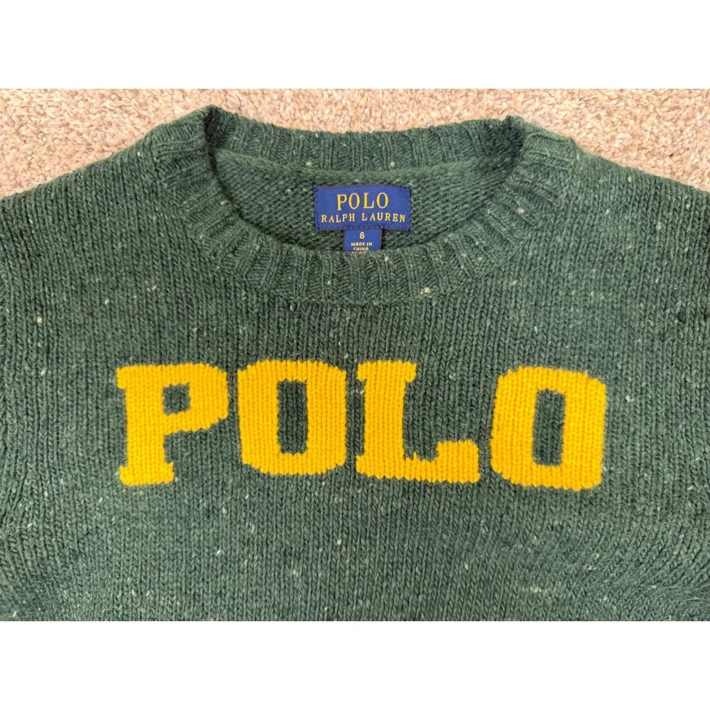 Polo Ralph Lauren Kids Green Donegal Wool Blend Intarsia Logo Sweater Size 6 - Picture 2 of 3